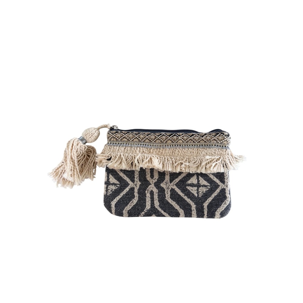 Jen & Co Handcrafted Boho Geometric Fringe Tassel‎ Clutch Bag Charcoal Cream